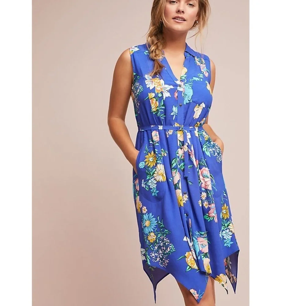 Anthropologie Blue Floral Midi Dress - Picture 1 of 11